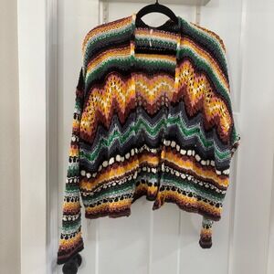 Free People Wmns Small Feeling Nostalgic Knit Woven Multicolor Sweater Cardigan